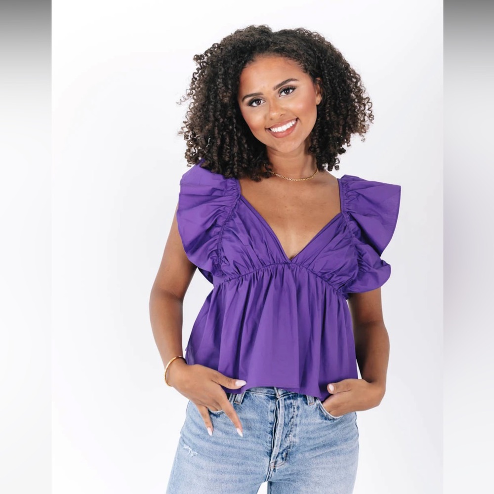 Impeccable Pig Day+Moon Purple Done Deal V Neck Peplum Tie Back Blouse Top NWT